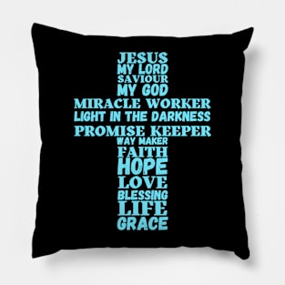 Words about Jesus forming the shape of a cross - turquoise Pillow