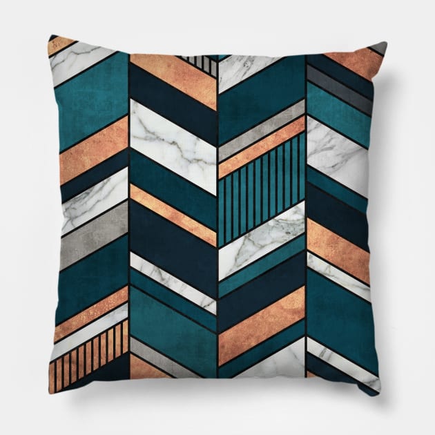 Abstract Chevron Pattern - Copper, Marble, and Blue Concrete Pillow by ZoltanRatko