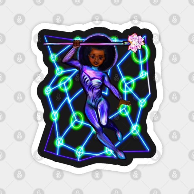 Black anime superhero girl from outer space with lights 2 ! beautiful  black girl with Afro hair, brown eyes, Cherry pink lips and dark brown skin. Hair love ! Magnet by Artonmytee