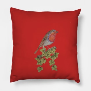bird illustration of ivy leafs and cute robin Pillow