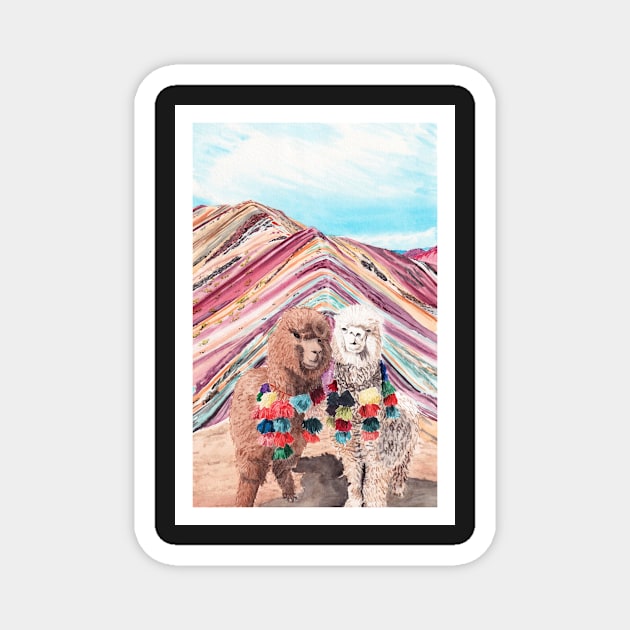 Llama Rainbow Mountain, Peru Magnet by NorrskenArt