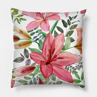 Transparent Lilly flowers and leaves watercolor seamless pattern. Translucent Summer tropical bouquets. Spring blossom garden Pillow