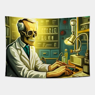 Skull Scientist inside Laboratory Tapestry