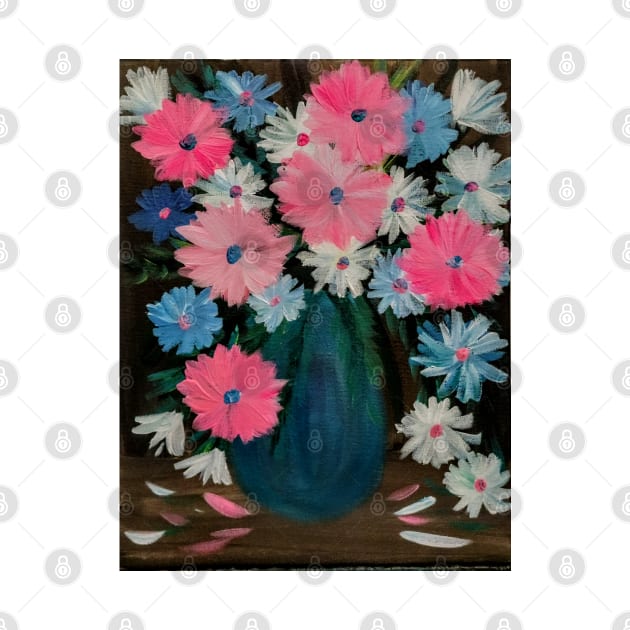 Pretty in pink flowers in a turquoise vase by kkartwork