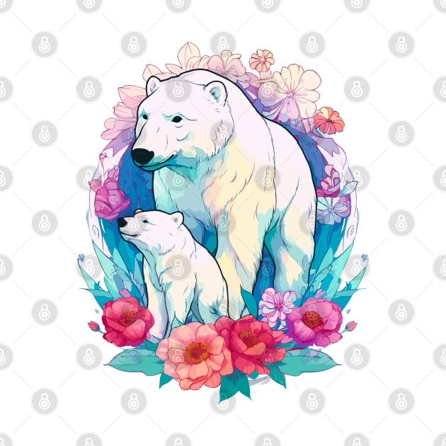 Polar Bear and Cub Floral Aesthetic Print by Davies Creative Works