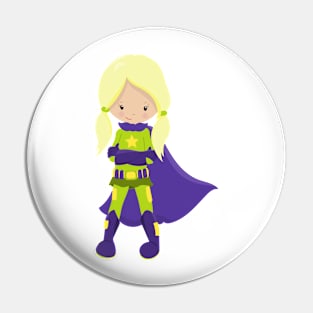 Superhero Girl, Blonde Hair, Hero, Purple Cape Pin