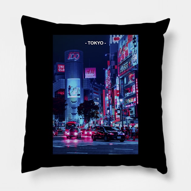 Tokyo Street Neon Synthwave Pillow by JeffDesign