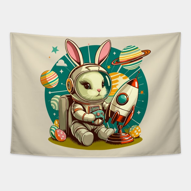 Retro Futurism Easter Bunny Astronaut Tapestry by Ghost on Toast