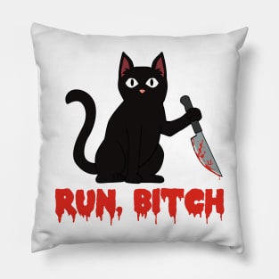 Murderous black cat with knife Run Bitch Pillow