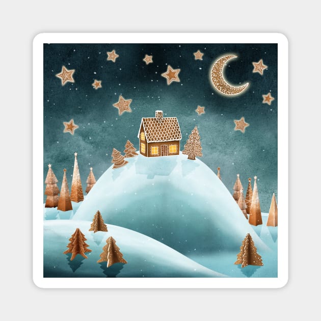 Gingerbread house, trees, on snow hills landscape, moon and stars watercolor illustration. Fantasy sweets world snow landscape. Moonlight magic candy world scenery. Magnet by likapix