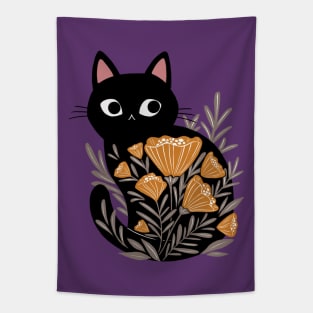 Black Cat in Golden Flowers Tapestry