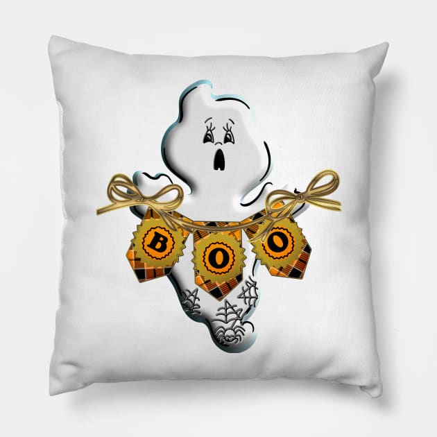 Cute Ghost Halloween Boo orange black ribbon gold spider 3D tridimensional 309 Pillow by dvongart