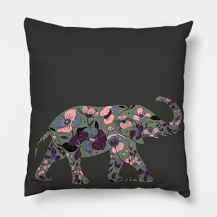 Floral Elephant Silhouette - Muted Greens Pillow