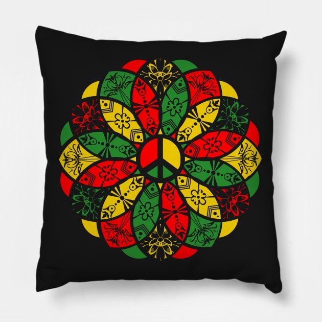 Ornamental Peace Mandala - Rasta Colours Pillow by MellowGroove