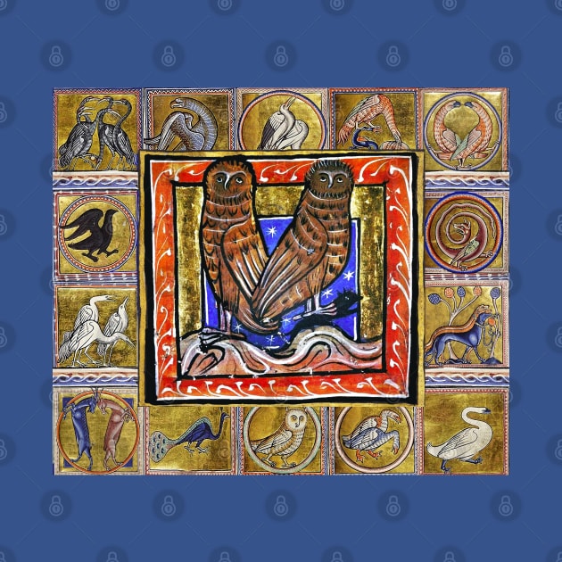 MEDIEVAL BESTIARY ,TWO OWLS, FANTASTIC ANIMALS IN GOLD RED BLUE COLORS by BulganLumini