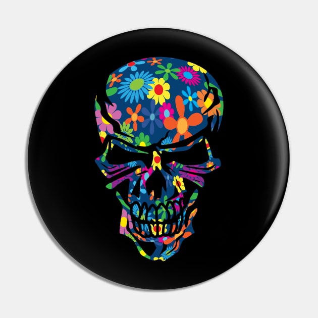 Colorful Hippie Trippy Flowers Skull Pin by hobrath