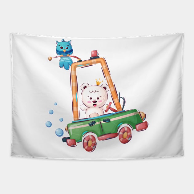 Bear driving a car with an Owl on top Tapestry by GiftsRepublic