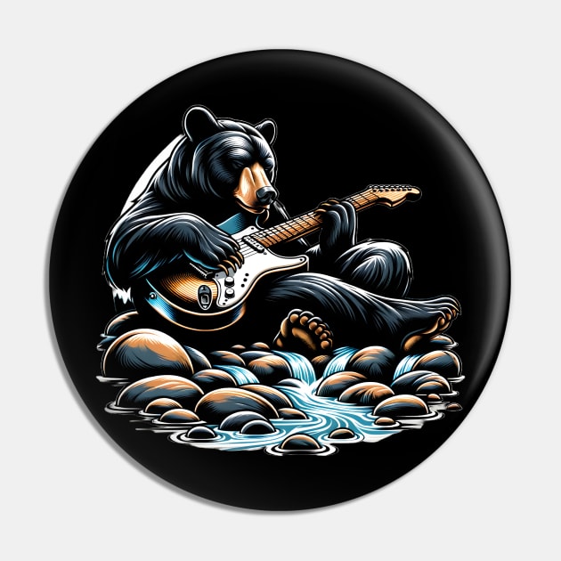 Black Bear Playing Electric Guitar Pin by Merchweaver