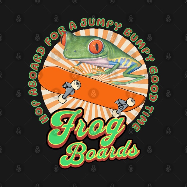 Funny and cute red eyed tree frog having a good time riding a skateboard by hopping on board a jumpy good time tee by Danny Gordon Art