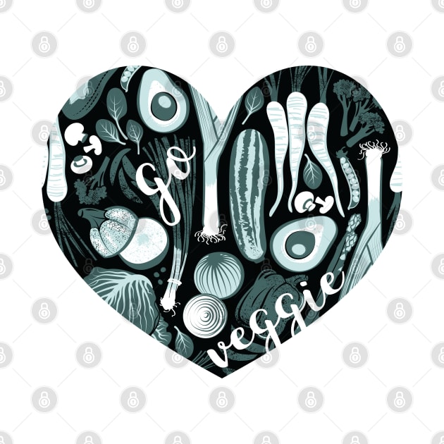 Go veggie // heart print // black background pine and mint vegetables by SelmaCardoso