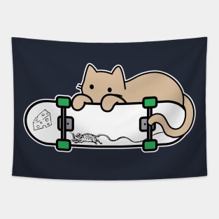 Cat and Skateboard Skateboarding Shy Cat Mouse and cheese Tapestry