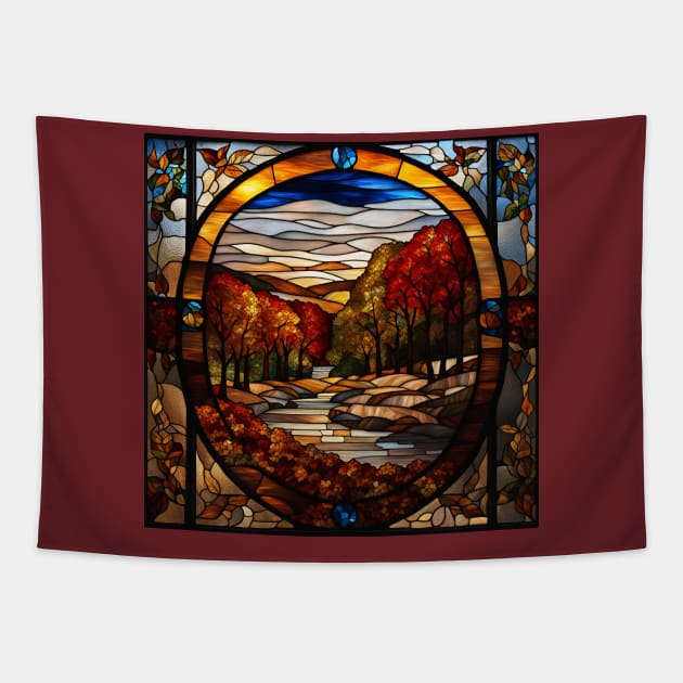 Stained Glass Window Of Autumn Scene Tapestry by Chance Two Designs