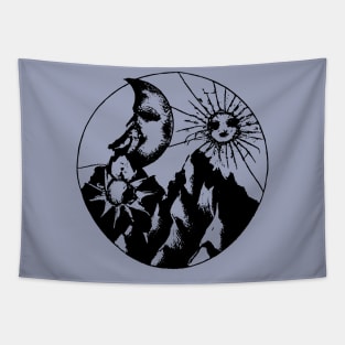 crazy sun eyes and moon and mountains Tapestry