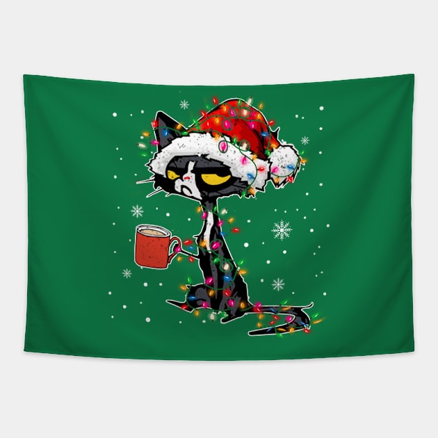 Black Cat christmas light funny Tapestry by wizardwenderlust