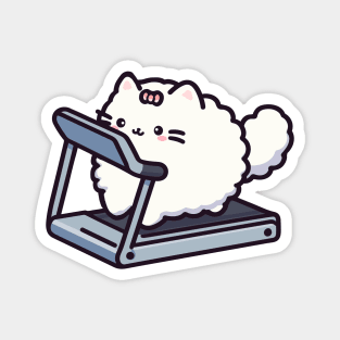 Cute Kawaii Fluffy White Cat on a Treadmill Fitness Kitten Magnet