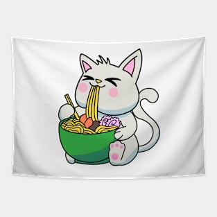 Anime Kawaii Ramen Eating White cat Japanese Noodles Tapestry