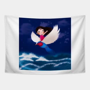 Girl and Bird Soaring Over Ocean Waves Tapestry