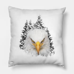 Great bald eagle head in background of snowy pine trees Pillow