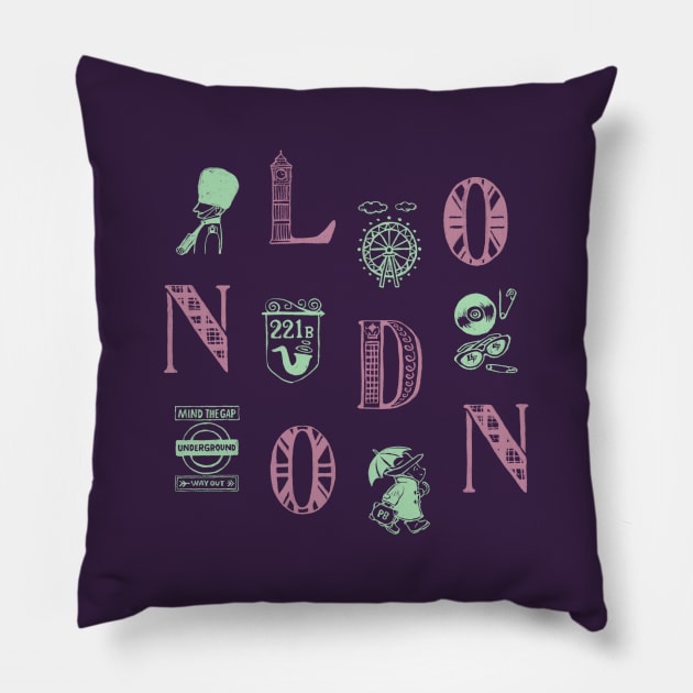 London Alphabets - Liberty Purple Pillow by akaneyabushita