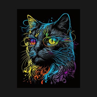 Retro Cat Art Wearing Glasses Splash Abstract Vibe Watercolor Vintage T-Shirt