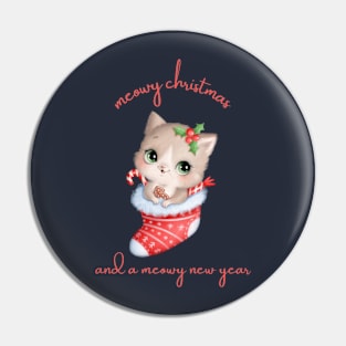 Blue Illustrated Cute Christmas Cat Pin