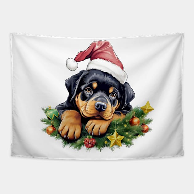 Lazy Rottweiler Dog at Christmas Tapestry by Chromatic Fusion Studio