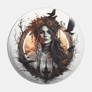 Witch Art - Forest Witch with Ravens Art Design Pin