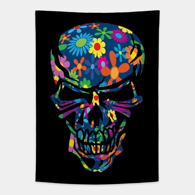 Colorful Hippie Trippy Flowers Skull Tapestry by hobrath