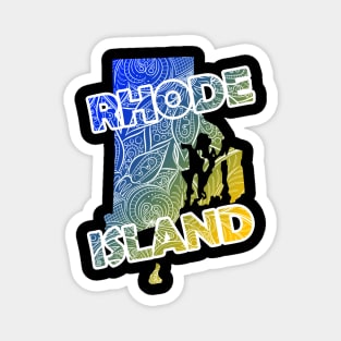 Colorful mandala art map of Rhode Island with text in blue and yellow Magnet