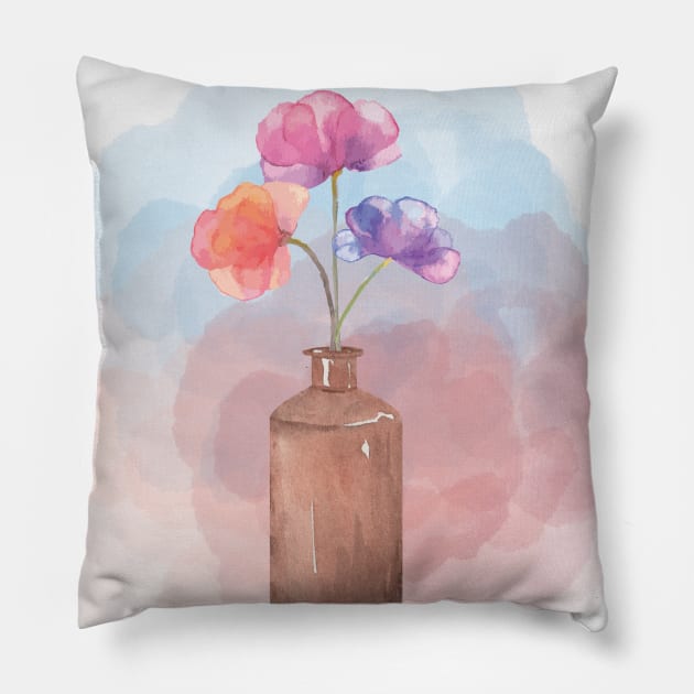 Watercolor flowers painting Pillow by Merchpasha1