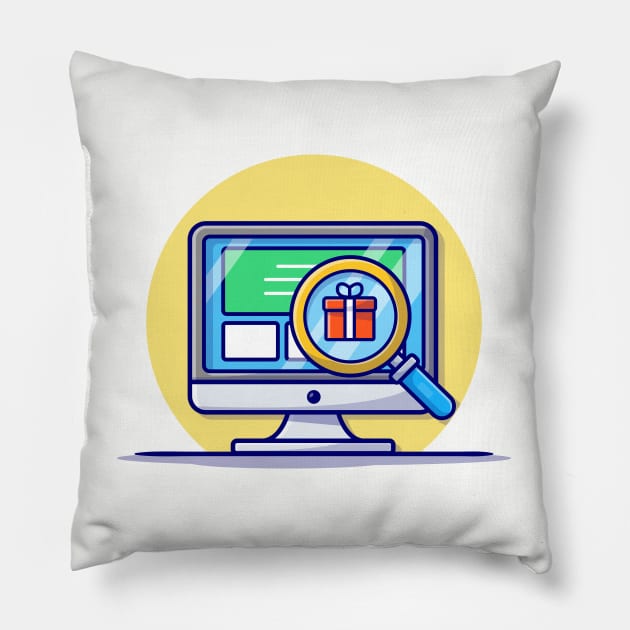 Monitor With Magnifying Glass And Gift Cartoon Vector Icon Illustration Pillow by Catalyst Labs