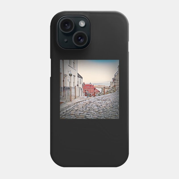 Whitby town cobbled streets and seaview Phone Case by stuartchard