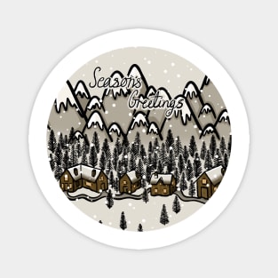 Cosy Winter Village in the Mountains Snowy Scene Digital Illustration Magnet