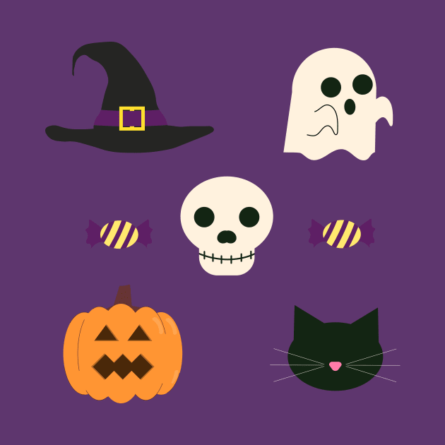 Cute Halloween Design with Ghost, Pumpkin, Skull, Cat, and Witch Hat by Aoxydesign