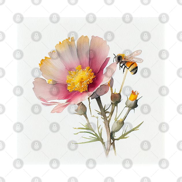 Watercolor of pink wildflower and single bumble bee by Danielleroyer