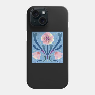 Pattern of pink Art Nouveau flowers on a light blue background Phone Case