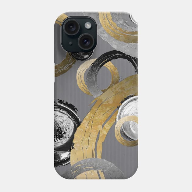 Modern Abstract Rings and Swirl Circles Black Grey Dirty Gold Phone Case by NaturalDesign