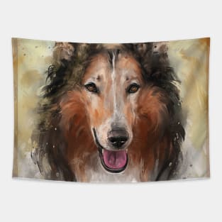 An Expressive Painting of a Smiling Furry Collie Dog Tapestry