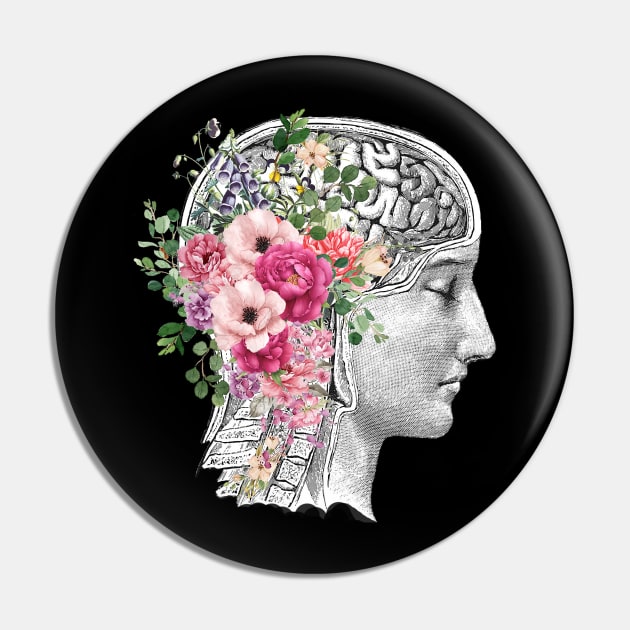 Brain Floral, Mental Health Matters Pin by Collagedream