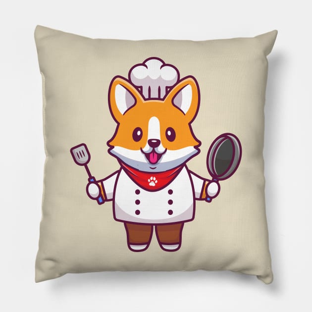 Cute Corgi Chef With Frying Pan And Spatula Pillow by Catalyst Labs